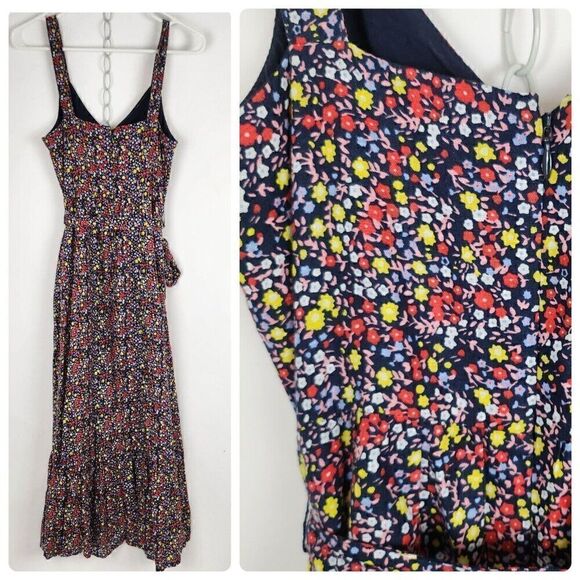 J. Crew Tiered Floral Waist Tie Maxi Dress Blue Linen Ruffle CottageCore sz 00 - Picture 3 of 7